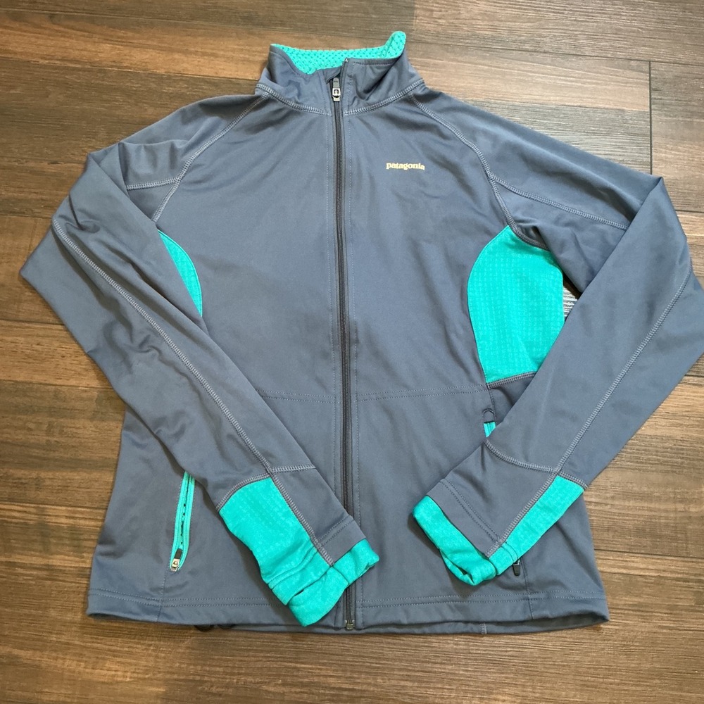 Patagonia Performance Full Zip Jacket Grey Teal Thumbhole Running Women's M